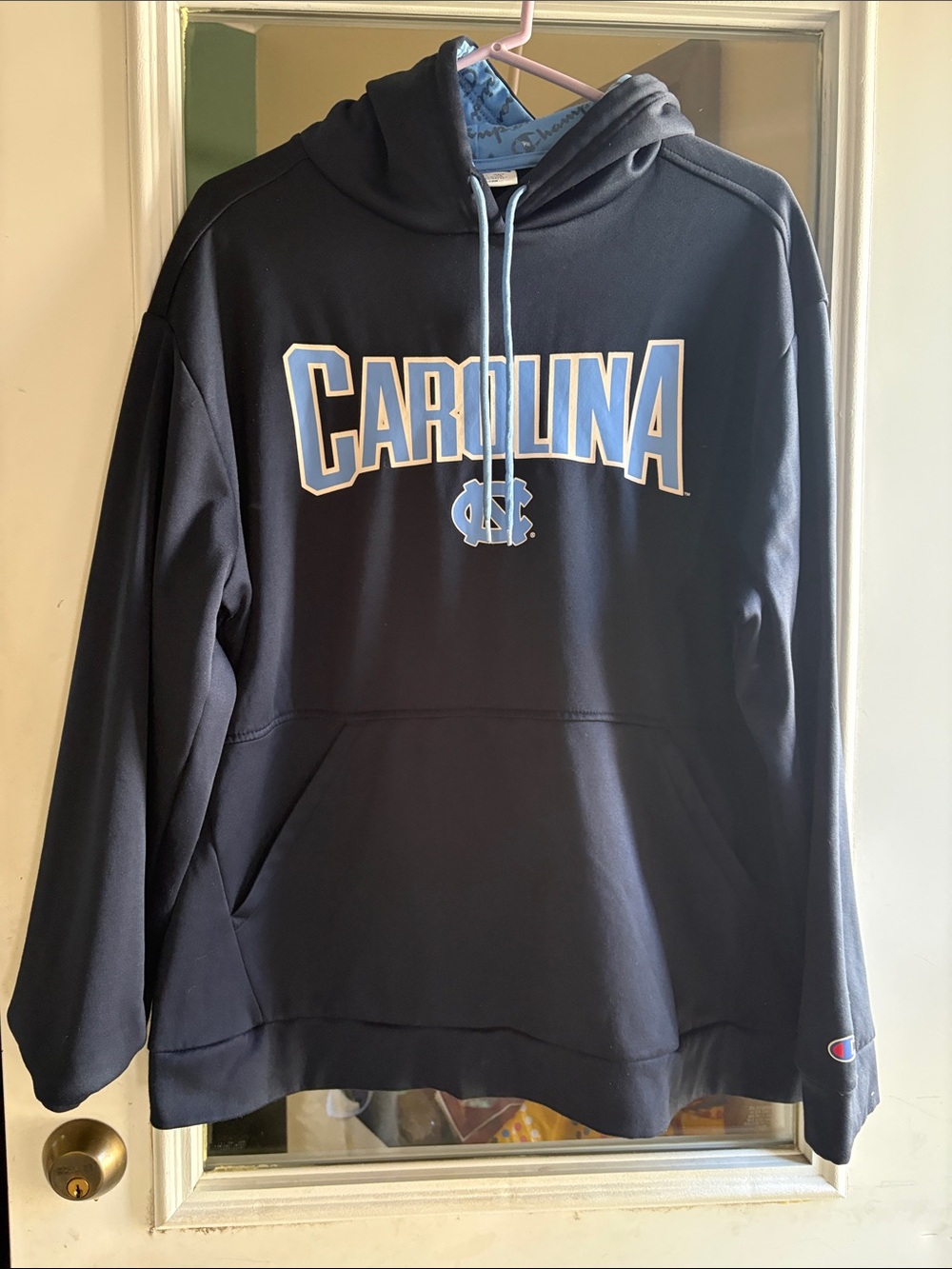 Champion Navy Pullover Hoodie with Light Blue 'CAROLINA' Logo